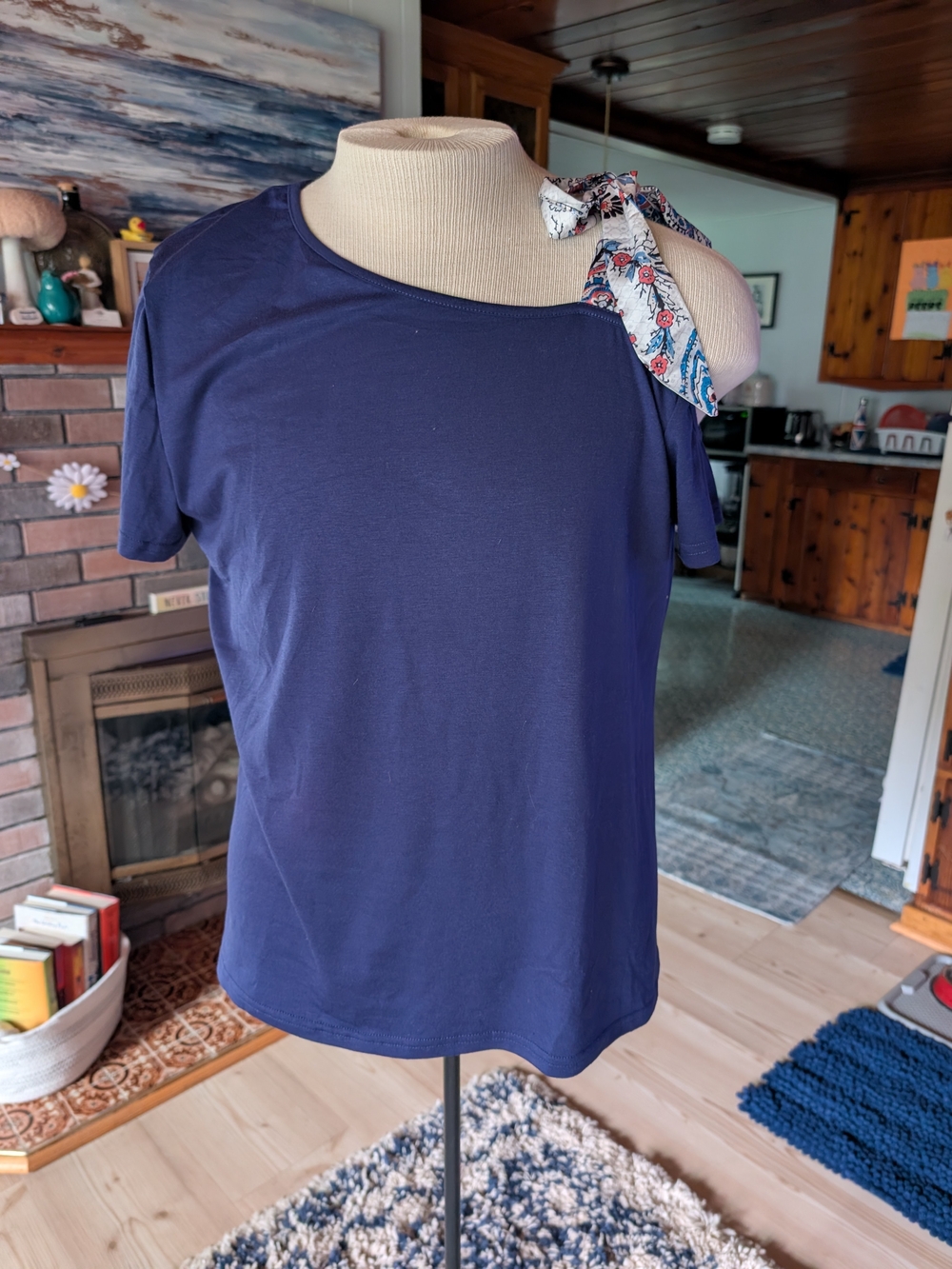 Women's Navy One-Shoulder Short Sleeve Top with Tie Accent